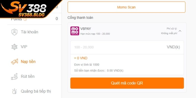Nạp tiền SV388 qua ví điện tử